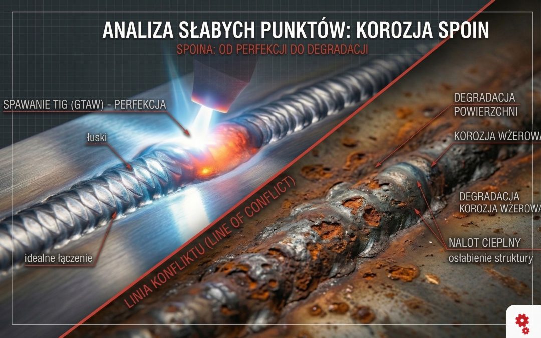 Infografika porównuje prawidłowo wykonaną spoinę TIG z idealnym łączeniem oraz zniszczoną spoinę z nalotem cieplnym, korozją wżerową i osłabieniem struktury. Grafika dobrze pokazuje, gdzie zaczyna się degradacja złącza; więcej informacji na ten temat można znaleźć na blogu Konstruktor