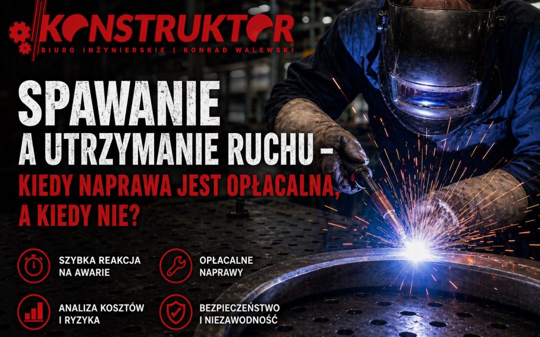 Spawacz w masce ochronnej wykonuje naprawę stalowego elementu, a iskry podkreślają temat szybkiej reakcji na awarie, analizy kosztów i opłacalności spawania w utrzymaniu ruchu. Więcej informacji na ten temat znajduje się na w artykule na blogu Biura Inżynierskiego Konstruktor.
