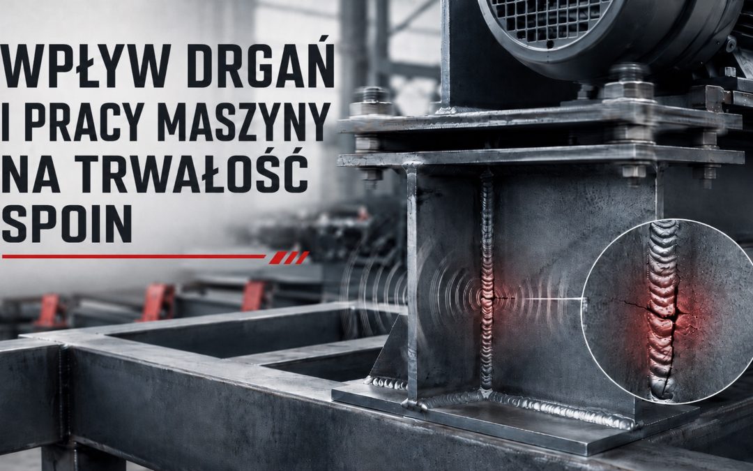 Stalowa konstrukcja maszyny z widocznymi spoinami, silnikiem i graficznym zbliżeniem na pęknięcie spoiny pod wpływem drgań; więcej o trwałości połączeń spawanych znajdziesz w artykule na blogu bikonstruktor.pl/blog