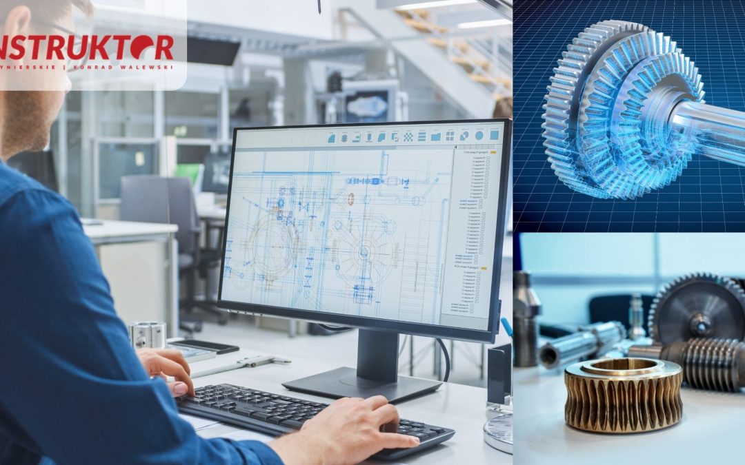 Inżynier pracujący przy stanowisku CAD nad rysunkiem części maszyny, obok cyfrowy model 3D wału z kołami zębatymi oraz gotowe elementy przekładni. Grafika ilustruje odtwarzanie części bez dokumentacji; więcej na bikonstruktor.pl